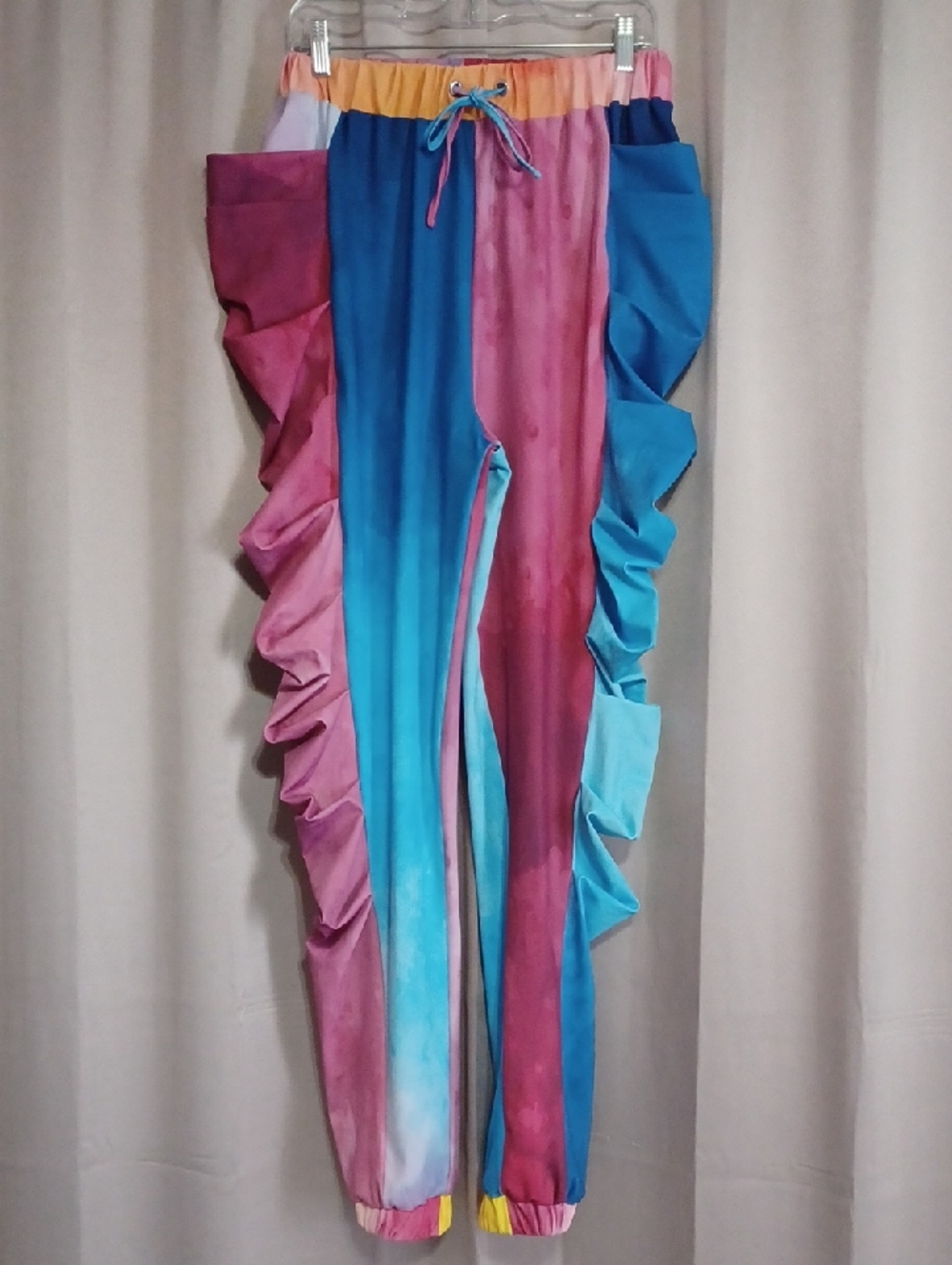 Sassy Jones Statement Rainbow Ruffle Jogger Festival Art To Wear Pockets Stretch